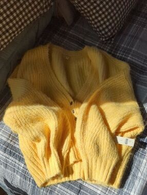 Pilcro Sunny Yellow Fuzzy V-Neck Button Cardigan